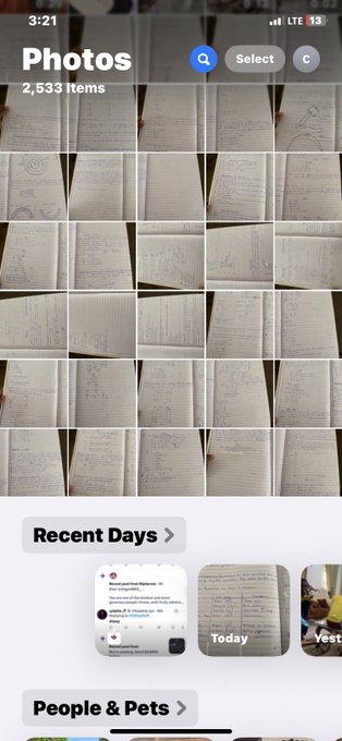 An iPhone Photos app screenshot shows 2,533 items, primarily of handwritten notes and sketches, organized by Recent Days, People & Pets categories.