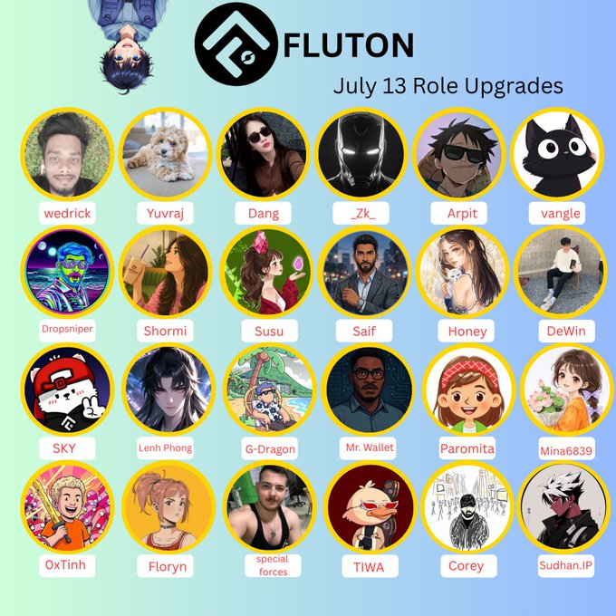 A Fluton graphic announcing July 13 Role Upgrades, featuring 24 user profile pictures with usernames including wedrick, Yuvraj, Dang, _Zk_, Arpit, vangle, Dropsniper, Shormi, Susu, Saif, Honey, DeWin, SKY, Lenh Phong, G-Dragon, Mr. Wallet, Paromita, Mina6839, OxTinh, Floryn, special forces, TIWA, Corey, and Sudhan.IP.