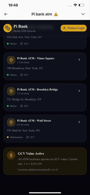 The image shows a mobile app interface displaying "Pi Bank ATM" with multiple locations listed in New York (456 Park Ave, Times Square, Brooklyn Bridge, and Wall Street), all marked as "Online" and operating "24/7," except the Wall Street location which is under "Maintenance." A "GCV Value Active" section at the bottom states that all ATMs operate on GCV value with a current rate of 1π = $314.159, and locations are updated automatically via AI.

This appears to be satirical or speculative content related to Pi cryptocurrency, with the caption mocking the idea of Pi having its own ATMs in New York with an absurd exchange rate.