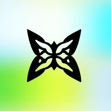 A black symmetrical butterfly or moth emblem is centered on a softly blurred gradient background of green, yellow, and blue.