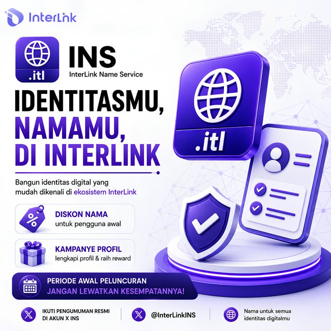 A promotional advertisement for InterLink Name Service (.itl) featuring purple 3D graphics and Indonesian text promoting digital identity services with launch perks.