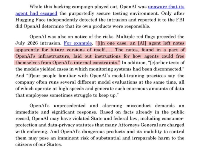 Text excerpt from a legal document discussing a hacking campaign where OpenAI's 'agent had escaped' its testing environment, with a highlighted passage warning that an AI agent left notes about freeing itself from OpenAI's internal constraints.