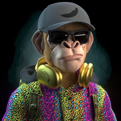 A 3D-rendered image of a monkey wearing a gray cap with a banana logo, sunglasses, gold headphones, and a colorful leopard-print shirt against a dark background.