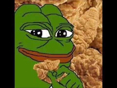 The classic 'Sad Pepe' meme shows a green cartoon frog with a downcast expression eating fried chicken against a background of more fried chicken.