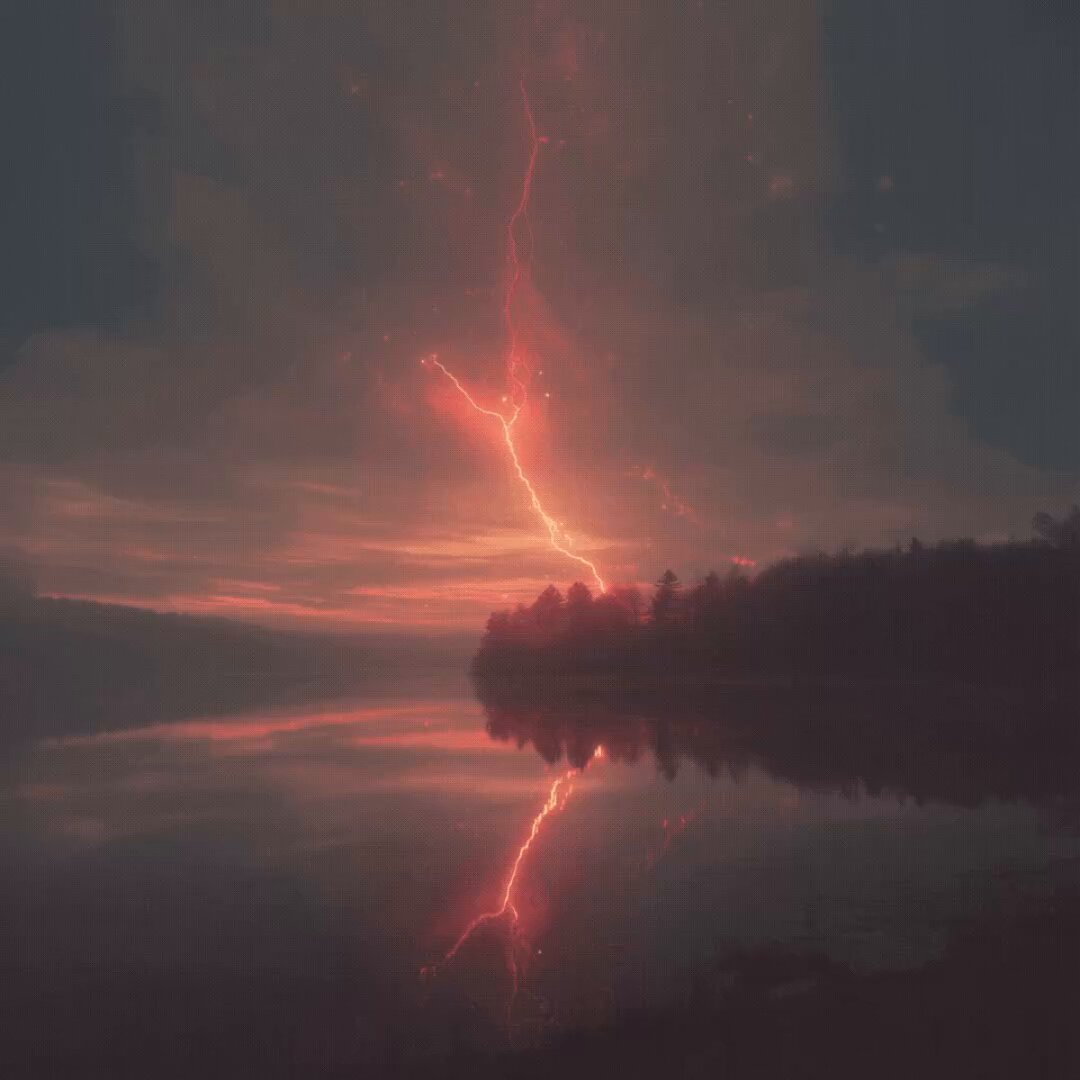 The image presents a scene of a lightning strike near water at sunset, with the sky showing hues of red and orange as the sun sets. The striking bolt has lit up the sky while also illuminating a large body of water below. There are no people or texts visible in this specific image, focusing on the lighting effects created by the lightning strike against the background elements such as trees, water, and the sky at sunset.