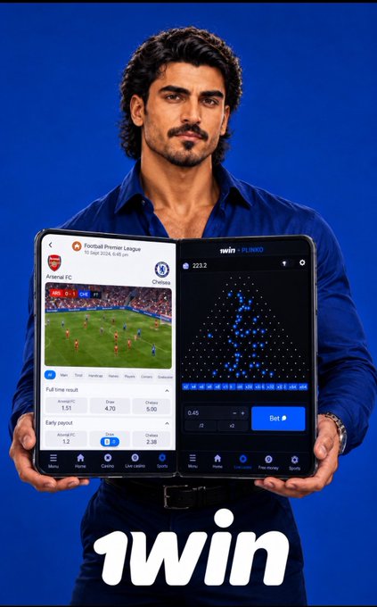 A promotional advertisement for the '1win' betting platform featuring a man holding a tablet that displays live sports betting odds and a Plinko game interface.