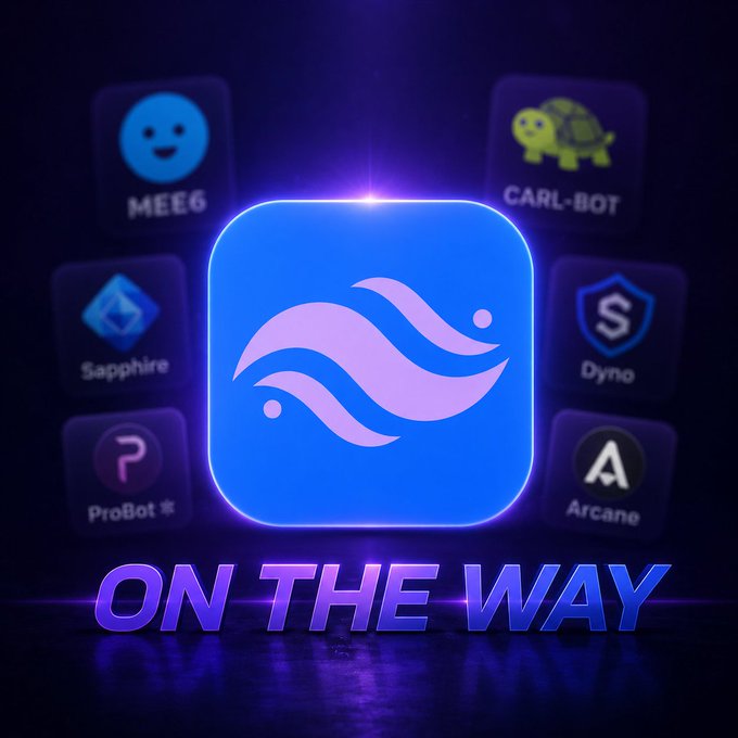 A promotional graphic for Discord bots featuring a central blue water-themed logo with "ON THE WAY" text below, surrounded by other bot icons including MEE6, Carl-Bot, Sapphire, Dyno, ProBot, and Arcane.