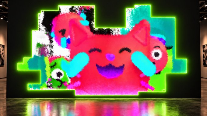 A large colorful digital art installation in a gallery showing cartoon cat-like creatures in pink, green, and blue with pixelated/glitch aesthetics and glowing green outlines.