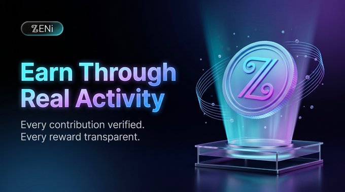 The image features a promotional banner for Zeni, an e-commerce platform that allows users to earn real currency through their participation in various activities. The banner displays a coin with a unique design of a blue circle with a purple swirl inside, accompanied by text promoting the platform's transparent reward system and the opportunity to earn 50 ZEN1 on-chain rewards for new users who engage with the content or participate in the activities.