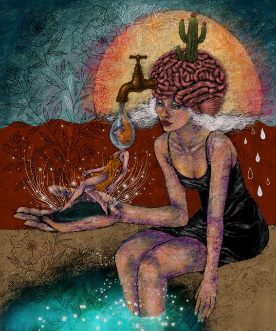 A surreal artwork depicting a woman with a cactus and exposed brain for a head, wearing a black dress, sitting beside a glowing pool, with a miniature female figure standing on her palm near a dripping faucet.