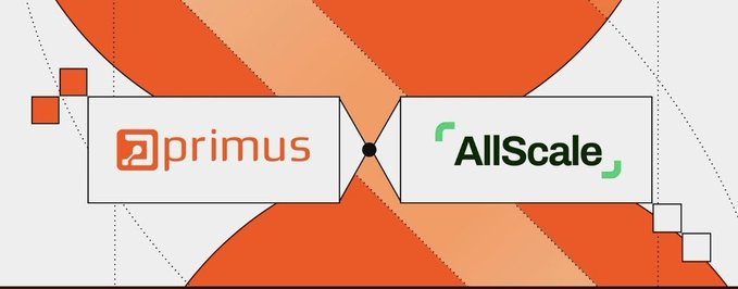 A graphic showing logos for "primus" and "AllScale" connected by a black dot on an orange geometric background.