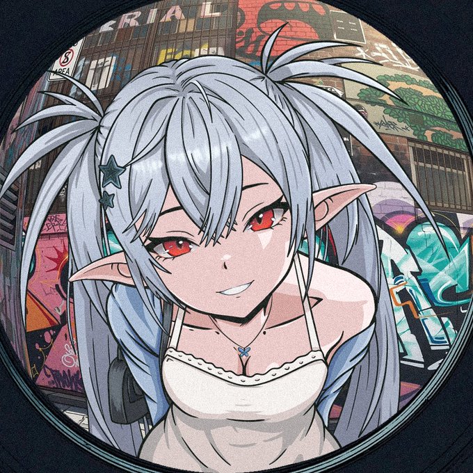 An anime-style illustration of a silver-haired elf girl with red eyes and pointed ears, smiling in front of a graffiti-covered wall, framed in a circular border.