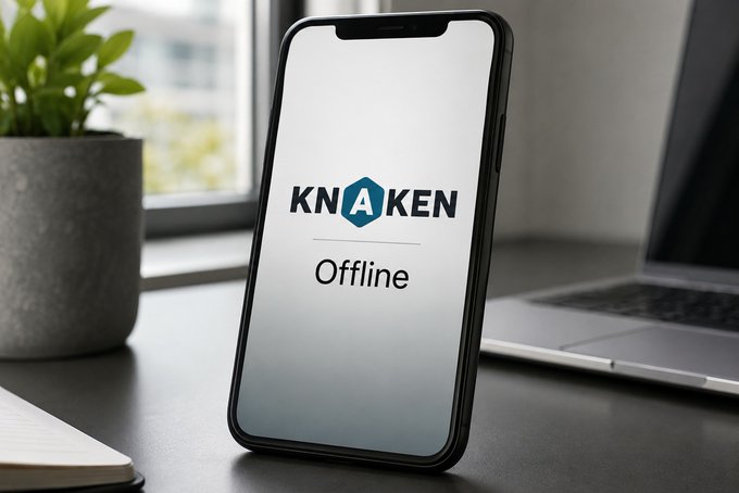A smartphone displaying a logo reading 'KNAKEN Offline' on a desk next to a potted plant and a laptop.