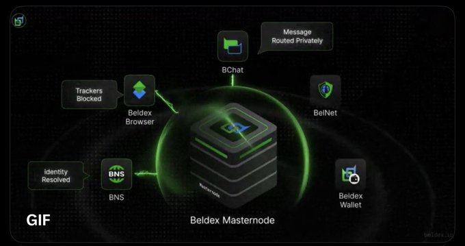 An infographic illustrates the Beldex ecosystem, centering on a "Beldex Masternode" surrounded by interconnected services: BChat (Message Routed Privately), Beldex Browser (Trackers Blocked), BNS (Identity Resolved), BelNet, and Beldex Wallet, with the Beldex logo in the corner. The image visually reinforces the post's theme of online privacy concerns, showcasing Beldex's privacy-focused tools as potential solutions to the flawed age verification practices the author discusses.
