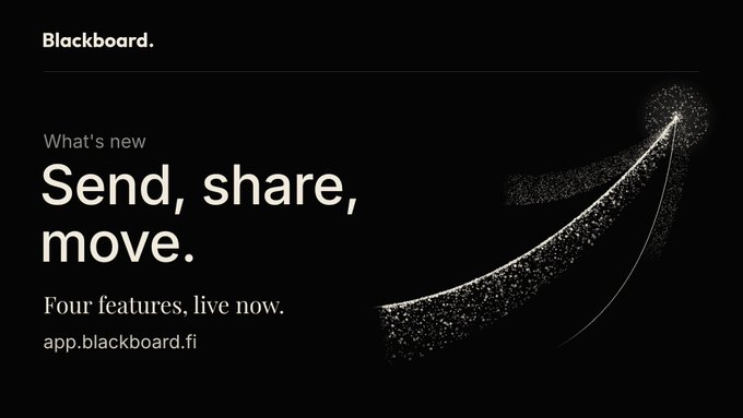 An advertisement for Blackboard featuring text "What's new: Send, share, move. Four features, live now. app.blackboard.fi" with a starry particle design forming an arrow.