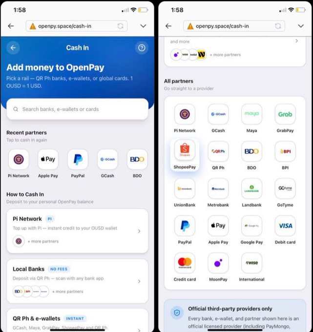 Two screenshots of the OpenPay app's "Cash In" page at openpy.space/cash-in, displaying a list of supported payment partners including Pi Network, Apple Pay, PayPal, GCash, Maya, GrabPay, ShopeePay, BDO, BPI, UnionBank, Metrobank, Landbank, GoTyme, Google Pay, Visa, Mastercard, MoonPay, and Wise. The interface illustrates OpenPay's expanded Cash In infrastructure, showing the multiple banking, e-wallet, and card options now available for funding an OpenPay balance.