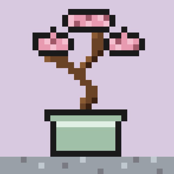 A pixel art illustration of a stylized bonsai-like plant with pink blossoms on a brown twisted trunk in a green and white pot, set against a lavender background.