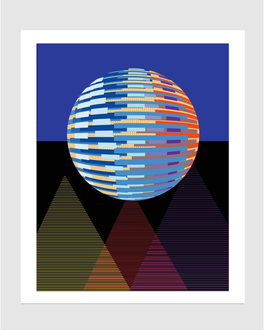 An abstract art print showing a sphere made of horizontal multicolored stripes (blue, orange, white) against a dark blue background, with striped triangular shapes below it in olive, orange, red, and purple.