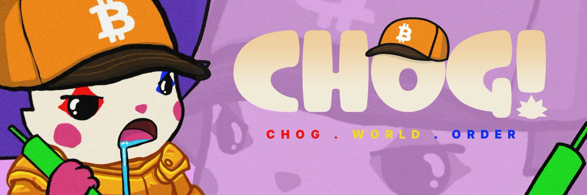 A promotional image showing the text "CHOG!" and "CHOG . WORLD . ORDER" next to a cartoon character with a Bitcoin logo cap and bleeding eyes, with a purple background.