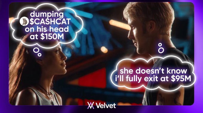 A meme image showing a man and woman facing each other in a dramatic pose, with thought bubbles reading 'dumping $CASHCAT on his head at $150M' and 'she doesn't know i'll fully exit at $95M', branded with the 'X Velvet' logo.