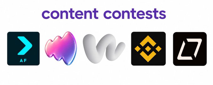 The image displays the text "content contests" in purple above five logos representing crypto-related platforms: AFX, an unidentified colorful icon, Voice, Binance, and what appears to be a Bitcoin-related symbol. The post highlights various content contests and campaigns with prize pools, and the image visually represents these opportunities by showcasing logos of the participating platforms like Binance, Voice, and AFX.