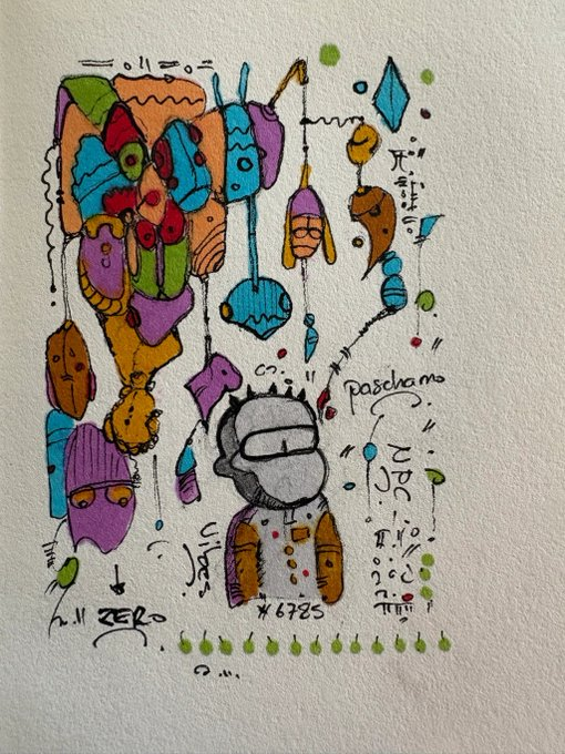 The image features a hand-drawn illustration of a monkey wearing a helmet, surrounded by various objects such as balloons and other colorful items. The monkey appears to be standing next to a person who has a "ZERO" written on their shirt. The drawing is accompanied by text that reads "NPC to ZERO collected by @npconchain 60/100 Mint your for 0.04 eth Link below in the comments".