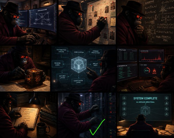 A grid of nine panels depicts a red-eyed gorilla in a fedora working through various stages of development—coding, sketching on a "Confections" whiteboard, reviewing "Core System" architecture diagrams, inspecting hardware, analyzing market and distribution data, and ultimately reaching a "SYSTEM COMPLETE: ALL MODULES OPERATIONAL" screen with a green checkmark, symbolizing the behind-the-scenes building of the $BARS project.