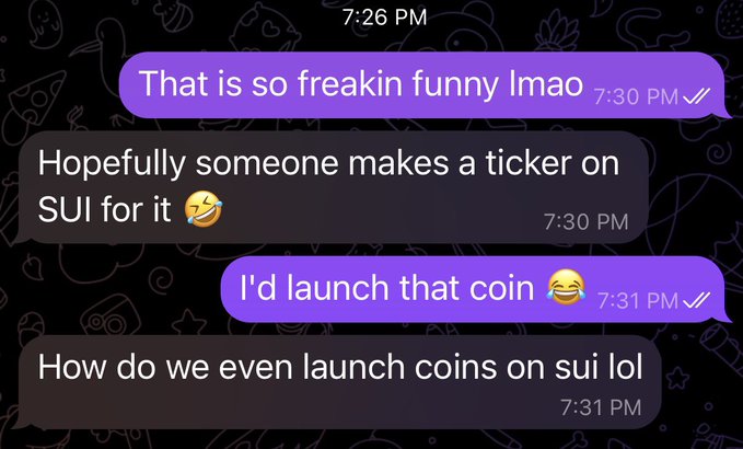 A text message conversation shows exchanges about launching a coin on SUI, with messages like 'That is so freakin funny lmao' and 'I'd launch that coin 😂'.