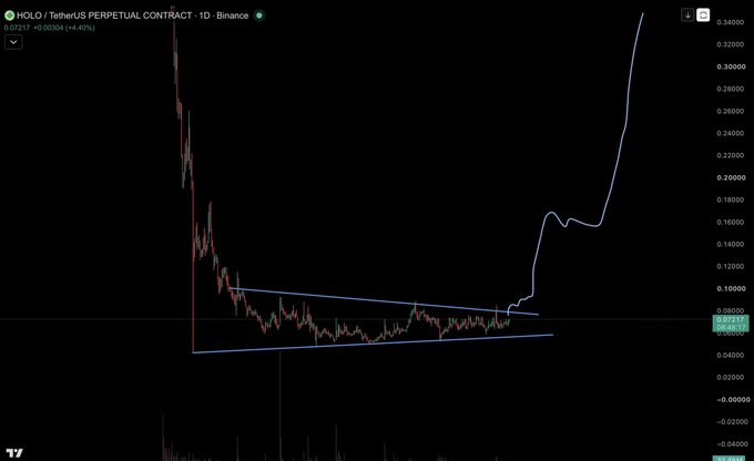 A candlestick chart of the HOLO/TetherUS Perpetual Contract (10 timeframe) on Binance shows a descending triangle pattern breaking upward, with the price surging from around 0.07 to 0.30, illustrating a strong bullish breakout that aligns with the post's enthusiasm about buying $HOLO after missing out on $BANK.