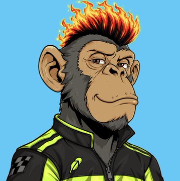 A cartoon illustration of a monkey with a flame-like red and yellow mohawk hairstyle wearing a black and neon green jacket.