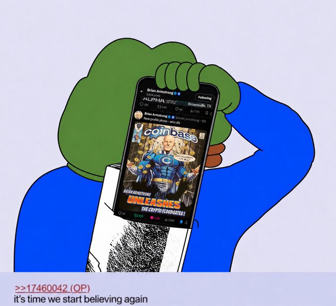 An illustration of a green cartoon character holding a phone displaying a Twitter/X post by Brian Armstrong (@brian_armstrong) featuring Coinbase branding and the text 'UNLEASHES THE CRYPTO ECONOMIES!', with the caption 'it's time we start believing again'.