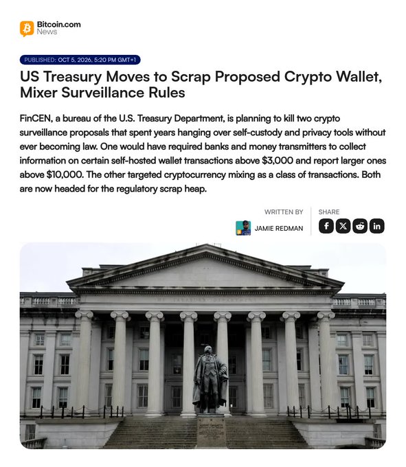 A Bitcoin.com News article headlined "US Treasury Moves to Scrap Proposed Crypto Wallet, Mixer Surveillance Rules," dated October 5, 2026, announcing FinCEN's withdrawal of two long-pending surveillance proposals — the 2020 self-hosted wallet reporting rule ($3K/$10K thresholds) and the 2023 crypto mixer classification — accompanied by an image of the U.S. Treasury building.