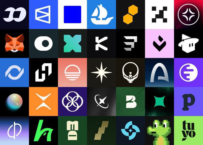 Grid layout displaying a collection of 30+ various cryptocurrency logos including MetaMask, XRP, Metamask, OpenSea, and others.