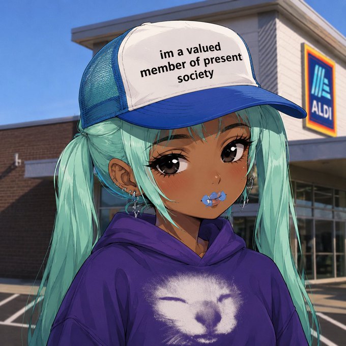 A more realistic anime-style version of the same character from image 3, with teal pigtails and blue cream on their lips, wearing the identical 'im a valued member of present society' hat and purple hoodie, posed in a parking lot with an ALDI in the background.