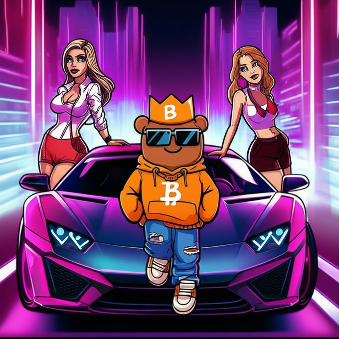 A vibrant digital art illustration featuring a Bitcoin-themed bear character wearing sunglasses and a Bitcoin-logo hoodie and crown, standing in front of a purple sports car with two stylized female figures.