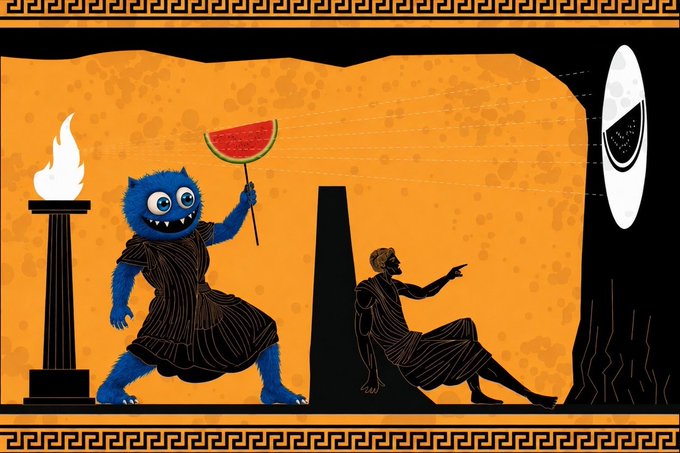 The image features a blue monster holding a watermelon, with a man sitting next to him. There are also two other people present in the scene - one standing behind the monster and another person sitting nearby. The background of the image includes a tree and a clock, adding depth to the scene. The post reads "There will be signs Metal Monster", which is likely a reference to the monster's metallic appearance or behavior.