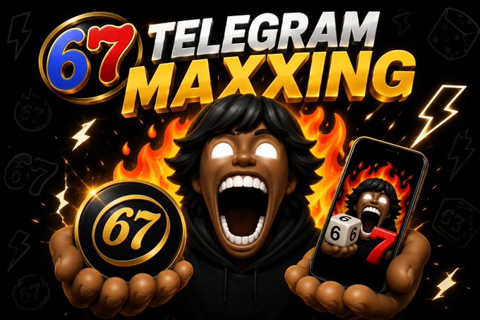 A vibrant promotional graphic titled '67 TELEGRAM MAXXING' features a cartoon figure with glowing eyes screaming while holding a '67' coin and a smartphone displaying the same character.
