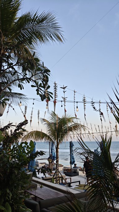 A tropical beach scene viewed through palm fronds and string lights, showing beach umbrellas and the ocean in the distance.