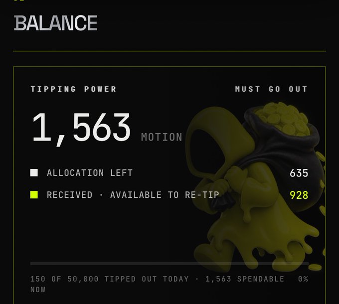 A dark-themed dashboard panel titled 'BALANCE' displaying 'TIPPING POWER 1,563 MOTION' with stats for 'ALLOCATION LEFT' and 'RECEIVED,' next to a 3D green splash sculpture holding gold coins.