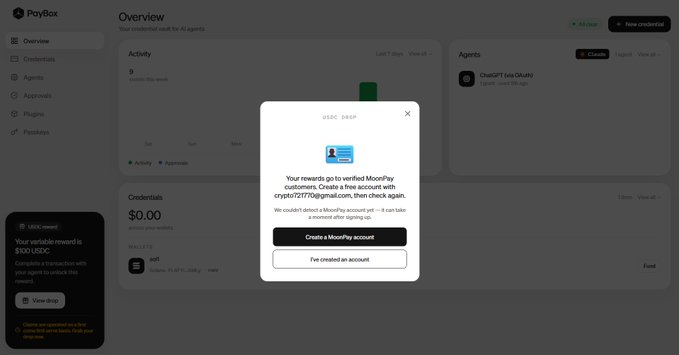 A screenshot of the PayBox crypto dashboard showing a 'USDC Swap' popup that requires verification to create a MoonPay account.