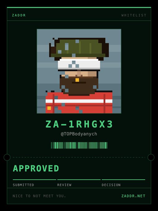 A digital ID card from ZADDR whitelisting featuring a pixel art character with a beard, hat, and red jacket, displaying the code 'ZA-1RHGX3', username '@TOPBodyanych', and status 'APPROVED'.