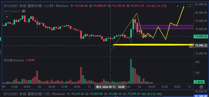 A cryptocurrency trading chart for BTCUSDT on Binance showing the latest price, candlesticks, and a yellow zigzag pattern drawn over the price action, with a purple highlighted resistance zone near 78,000 and key levels marked at 77,099.20 and 75,796.33.