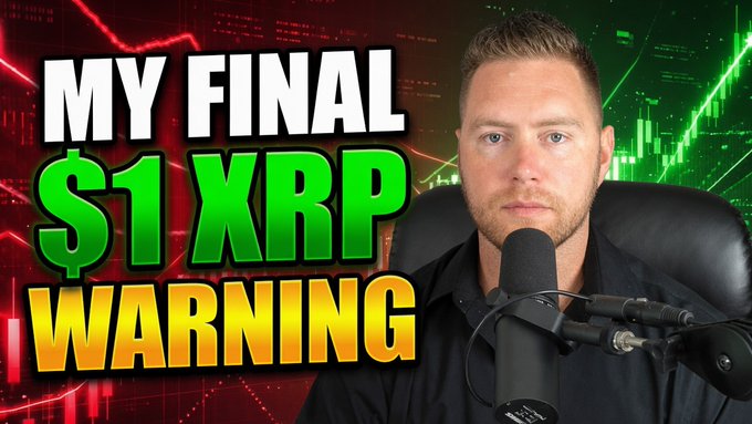 A man in a black shirt sits in front of a microphone with bold text reading "MY FINAL $1 XRP WARNING" alongside a red and green stock chart background, promoting a YouTube video about XRP's potential price movement amid market maker activity before a bull run.