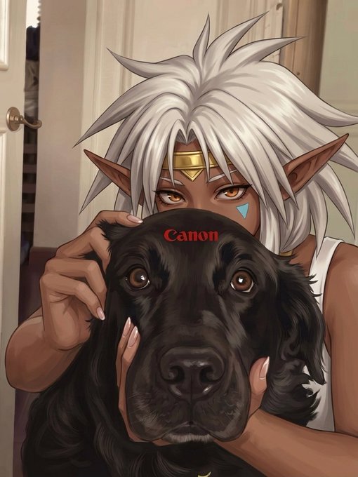 Anime-style illustration of a white-haired elf character with pointed ears and a golden headband, holding a black dog with 'Canon' written in red on the dog's forehead.