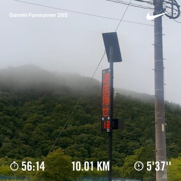 Garmin Forerunner 265 run screenshot showing 10.01 km in 56:14 at a 5'37" pace, with a foggy forested hillside and an electronic sign in the background.