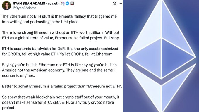 The image is a screenshot of a social media post with a text overlay about Ethereum. The post contains a description of the cryptocurrency's failure and its resemblance to failed economies, emphasizing the comparison to the collapse of Bitcoin. The main visual component in the post is an infographic representing the cryptocurrency, labeled as ETH, which also features a quote from a commentator expressing their views on the subject matter.