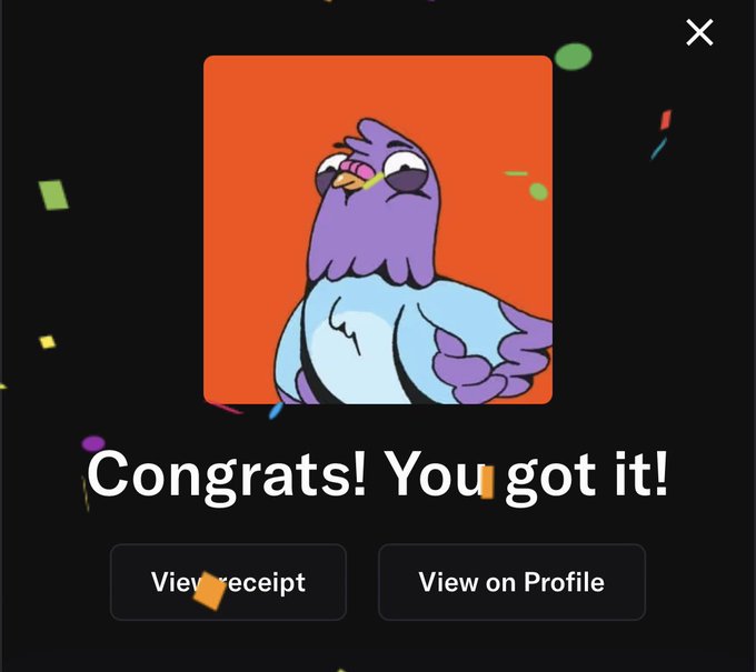 A celebration screen displaying 'Congrats! You got it!' with a colorful pigeon NFT artwork and buttons to 'View receipt' and 'View on Profile,' surrounded by confetti.