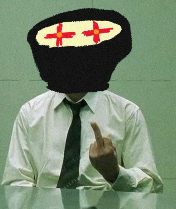 A figure in a white dress shirt and tie giving the middle finger, with an illustrated black mask featuring red cross symbols covering their head.