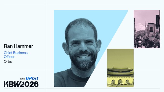 A profile card for Ran Hammer, Chief Business Officer at Orbs, featured at KBW2026 with Upbit, showing a portrait alongside images of a Korean palace and city street.