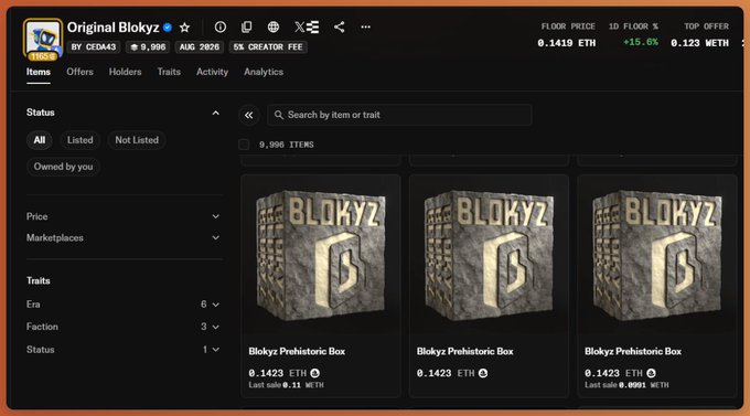 Screenshot of an NFT marketplace displaying the 'Original Blokyz' collection (by CEDA43), showing 9,996 items with three visible 'Blokyz Prehistoric Box' listings at 0.1423 ETH each on a floor priced at 0.1419 ETH.